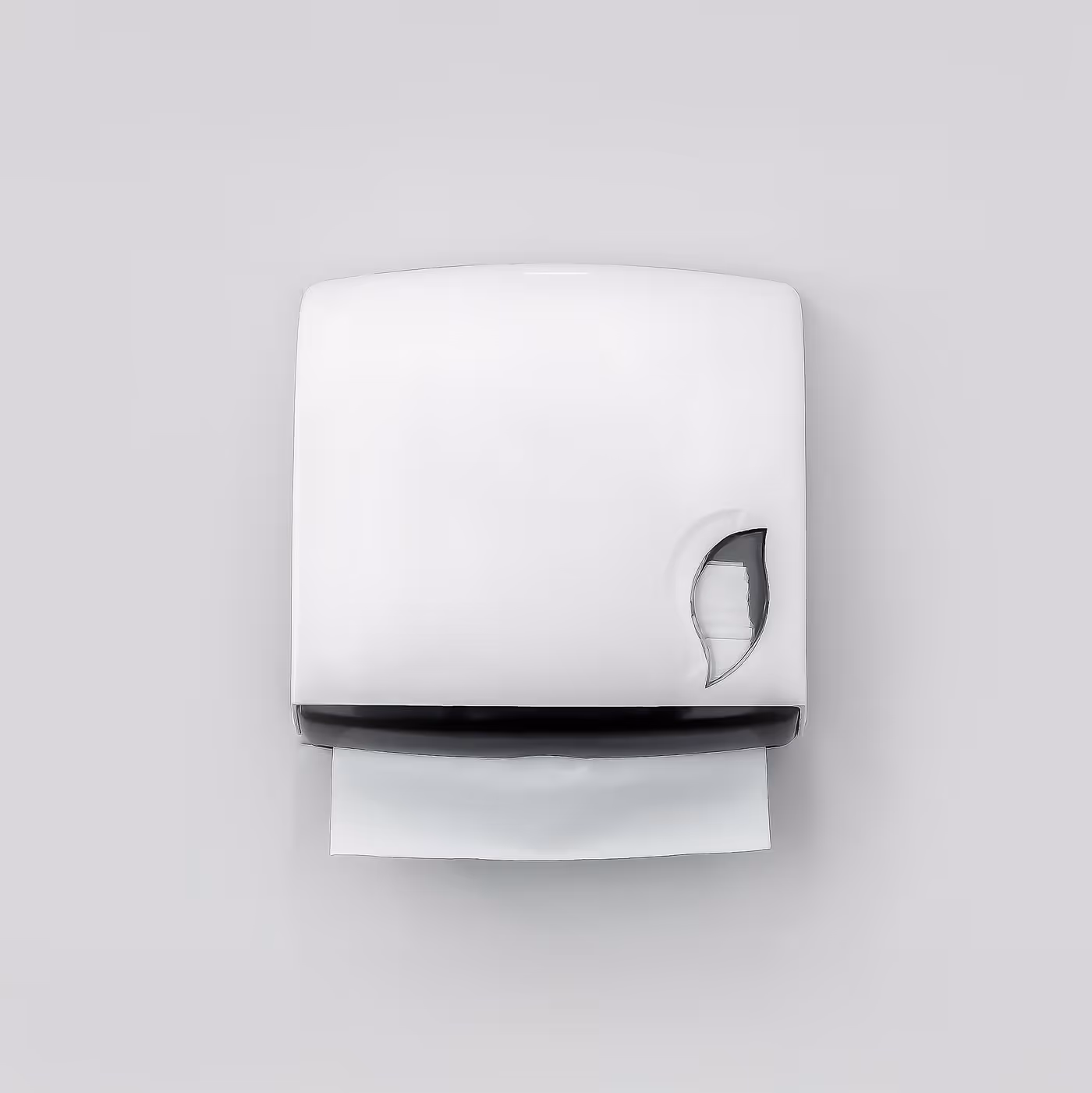 A white paper towel dispenser mounted on a blank wall with a paper towel partially dispensed.