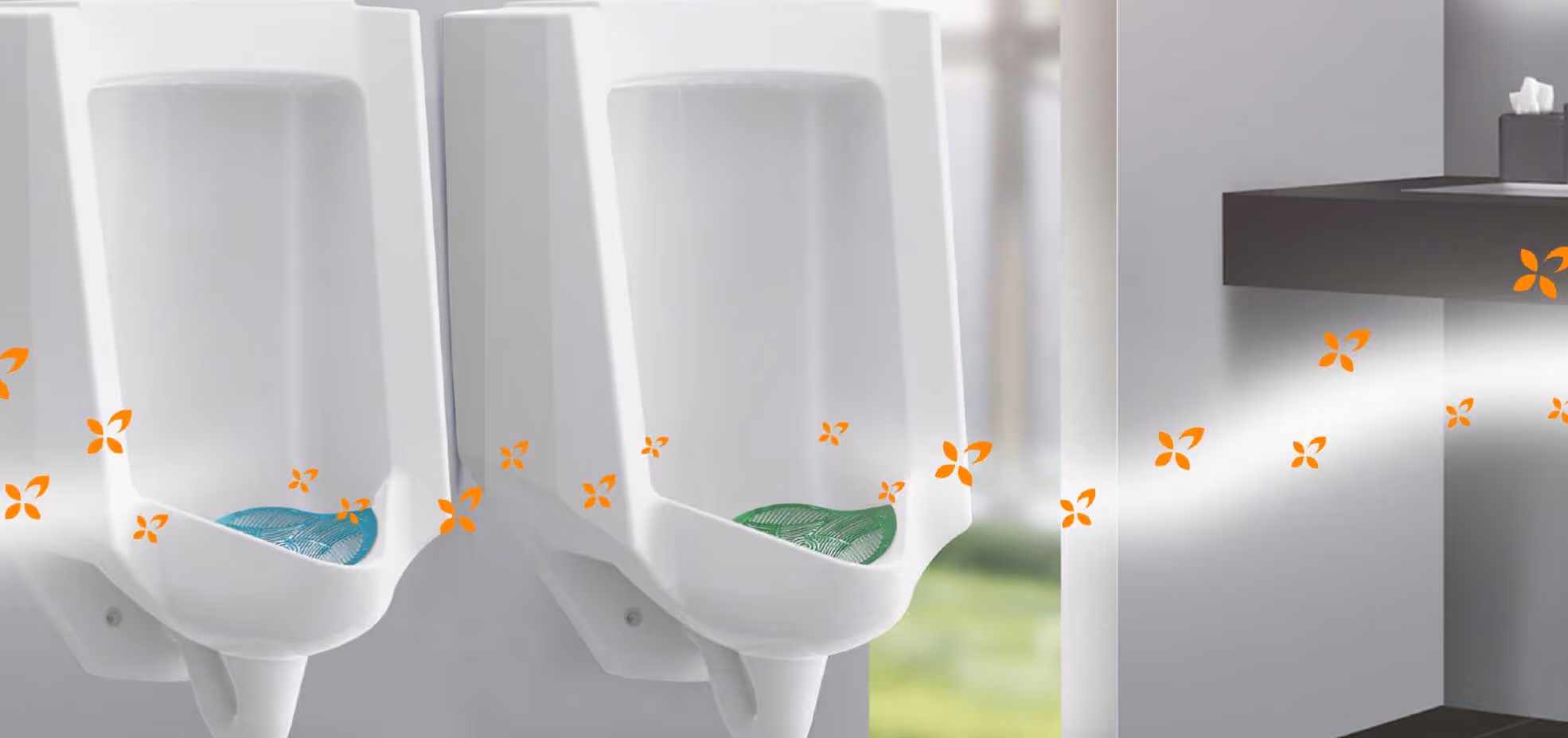 Two urinals with blue and green screens, decorated with orange butterfly designs on the wall nearby.
