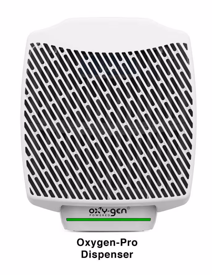 A white air freshener dispenser labeled "Oxygen-Pro" with a black grid pattern on the front.