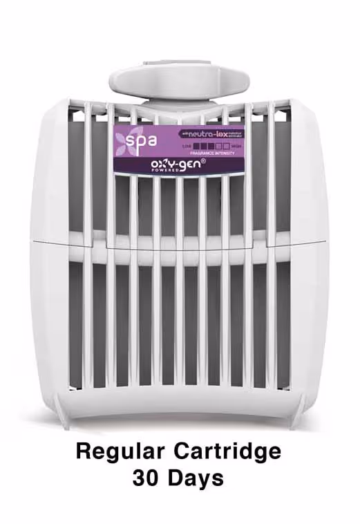 White air freshener device with vertical vents and a purple label. Text below reads "Regular Cartridge 30 Days."