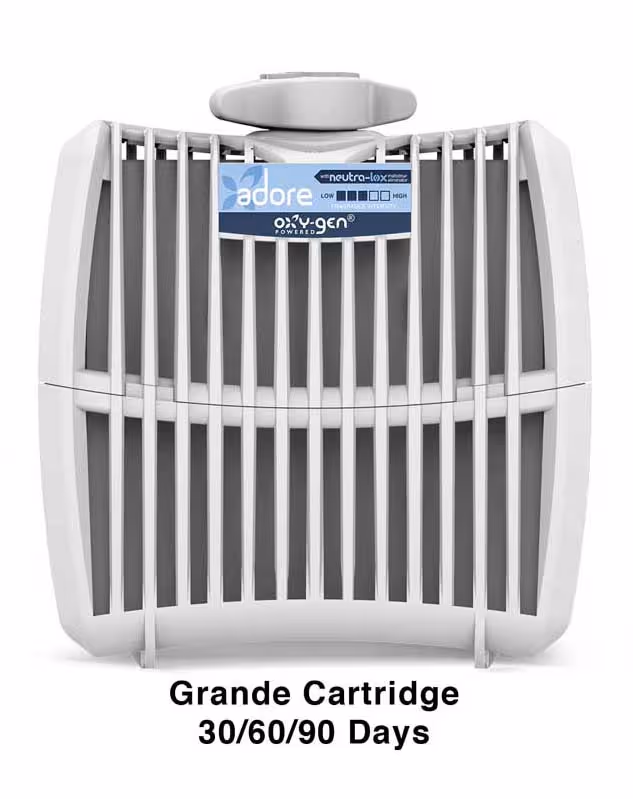 A white air freshener cartridge with the label "adore" for 30/60/90 days usage.