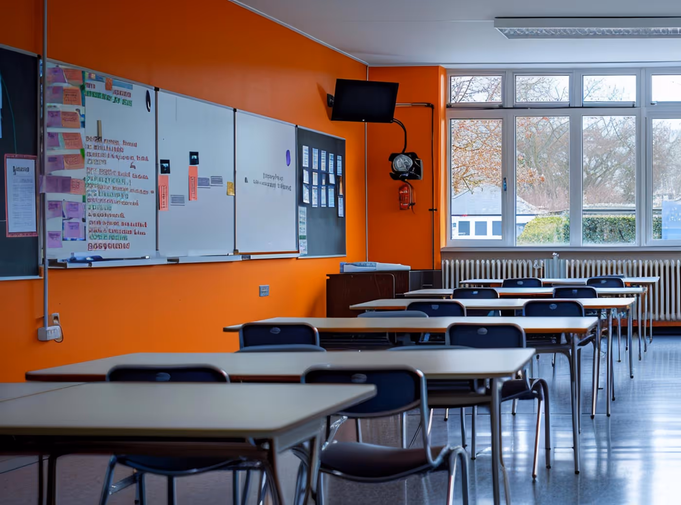 An empty classroom with orange walls, desks, chairs, and a whiteboard at the front.
