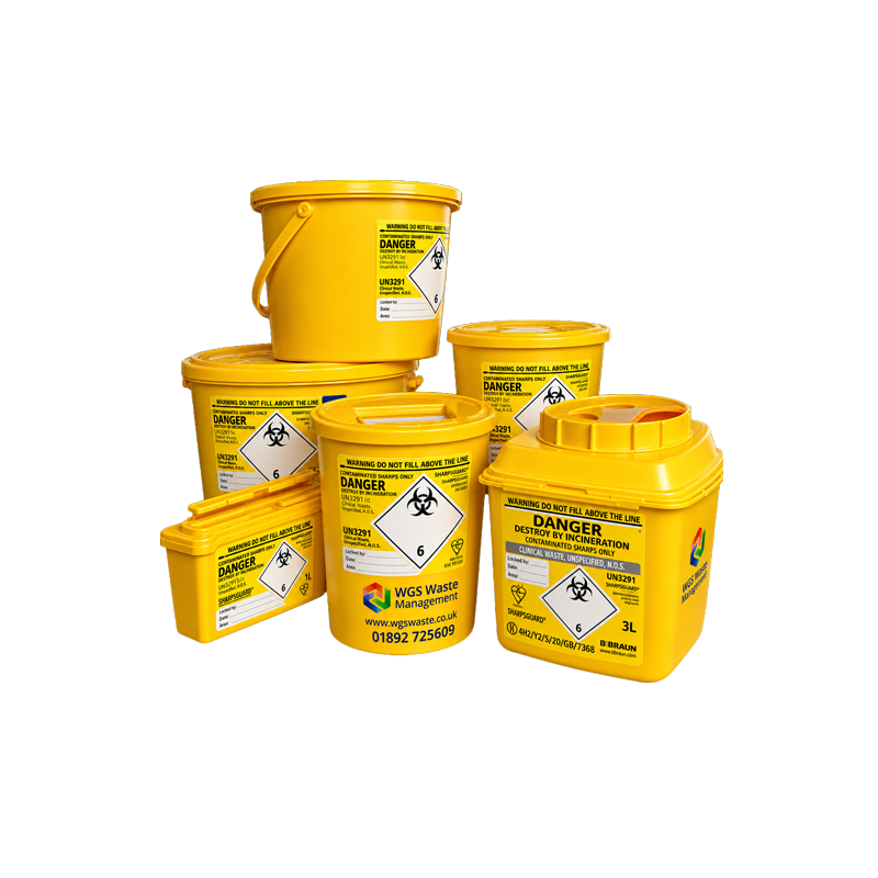 Several yellow hazardous waste containers with warning labels are displayed against a white background.