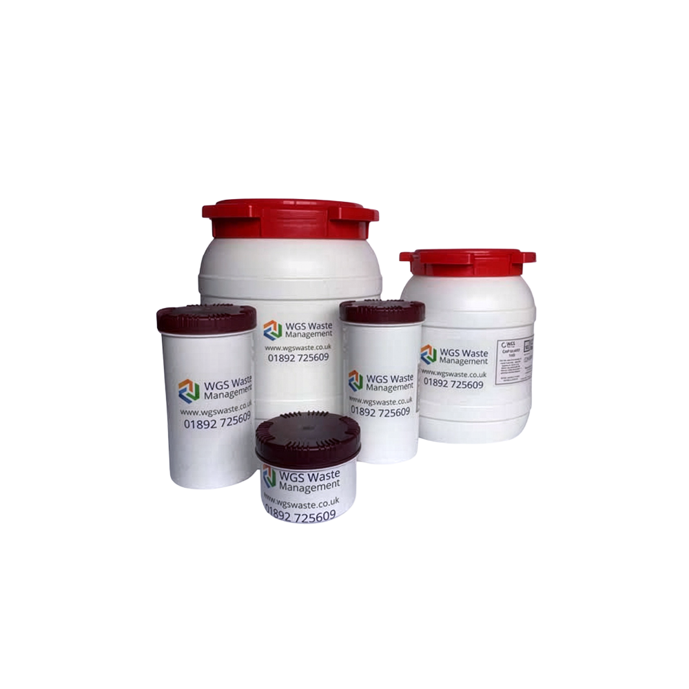 Five white plastic containers with red lids labeled "WGS Waste Management" displayed against a plain background.