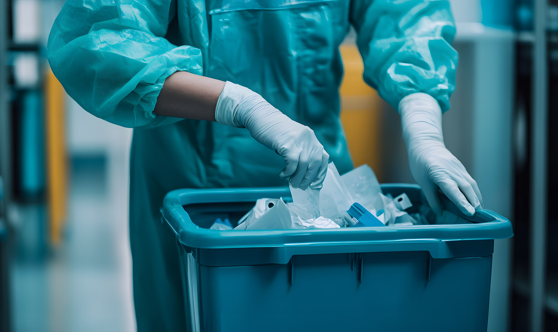 Healthcare worker placing clinical waste into a secure container