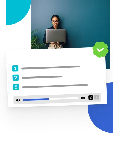 Image of a smiling woman holding a laptop in front of a blue wall with video graphic layered on top.