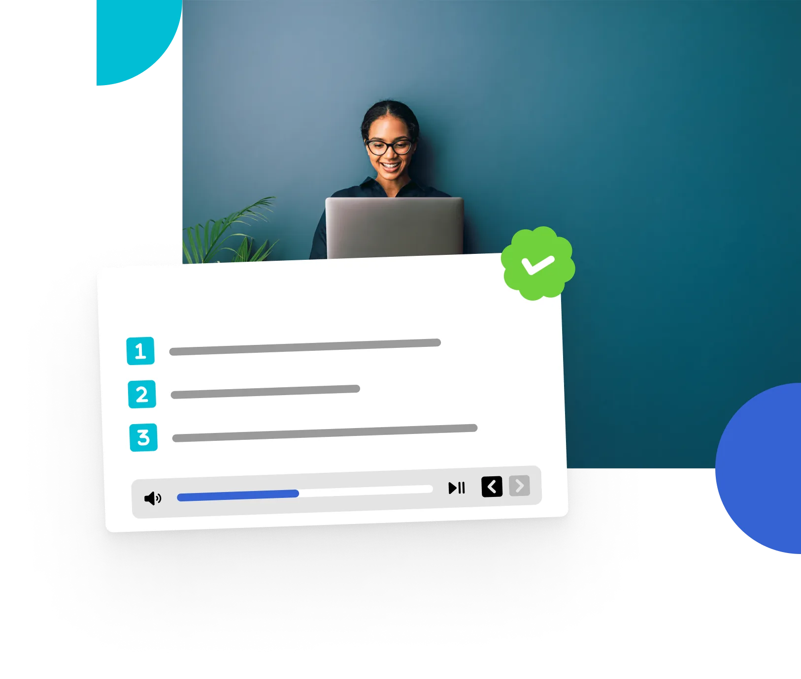 Image of a smiling woman holding a laptop in front of a blue wall with video graphic layered on top.