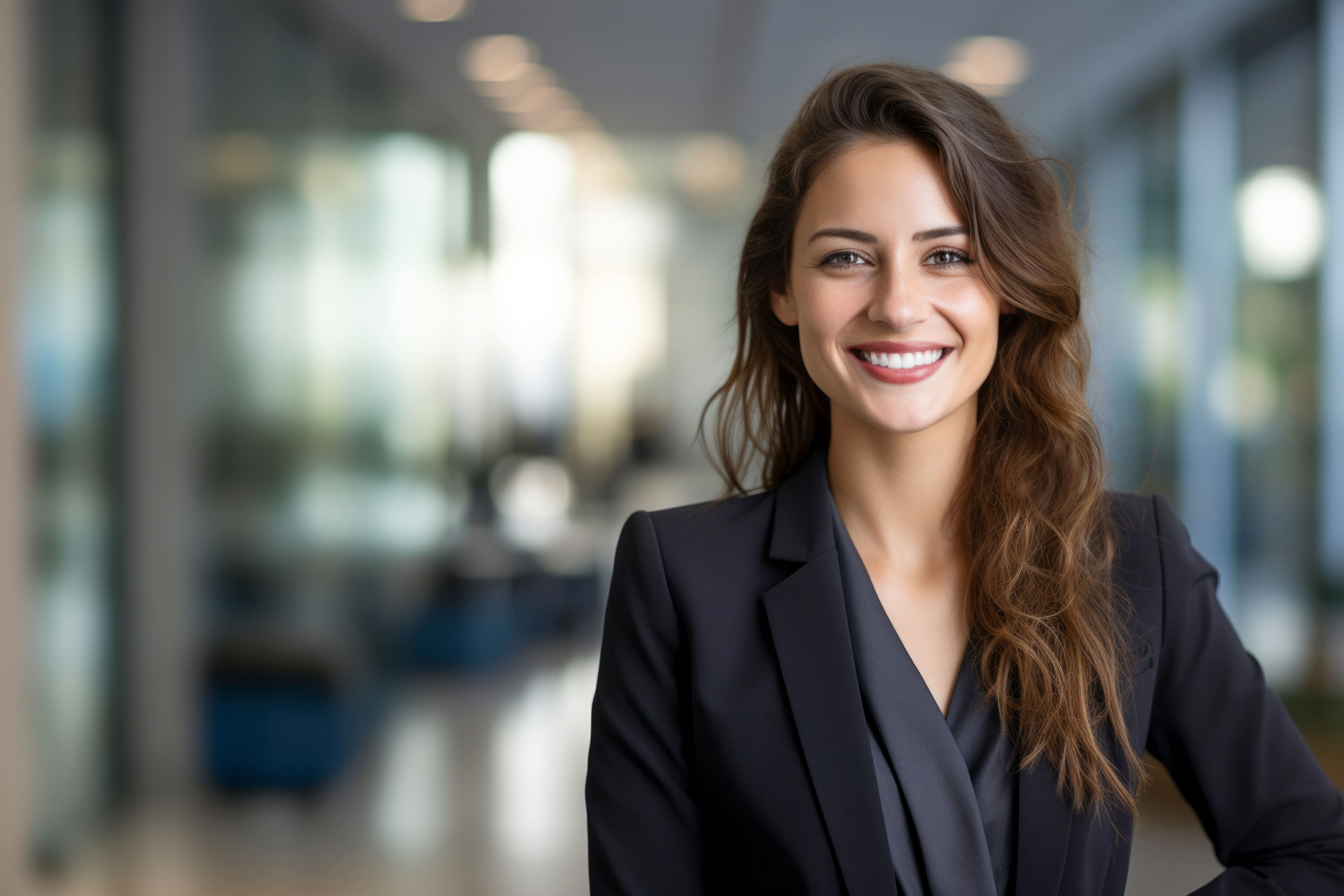 a photo of a white woman in her mid 30s in a blue sport jacket against an office background