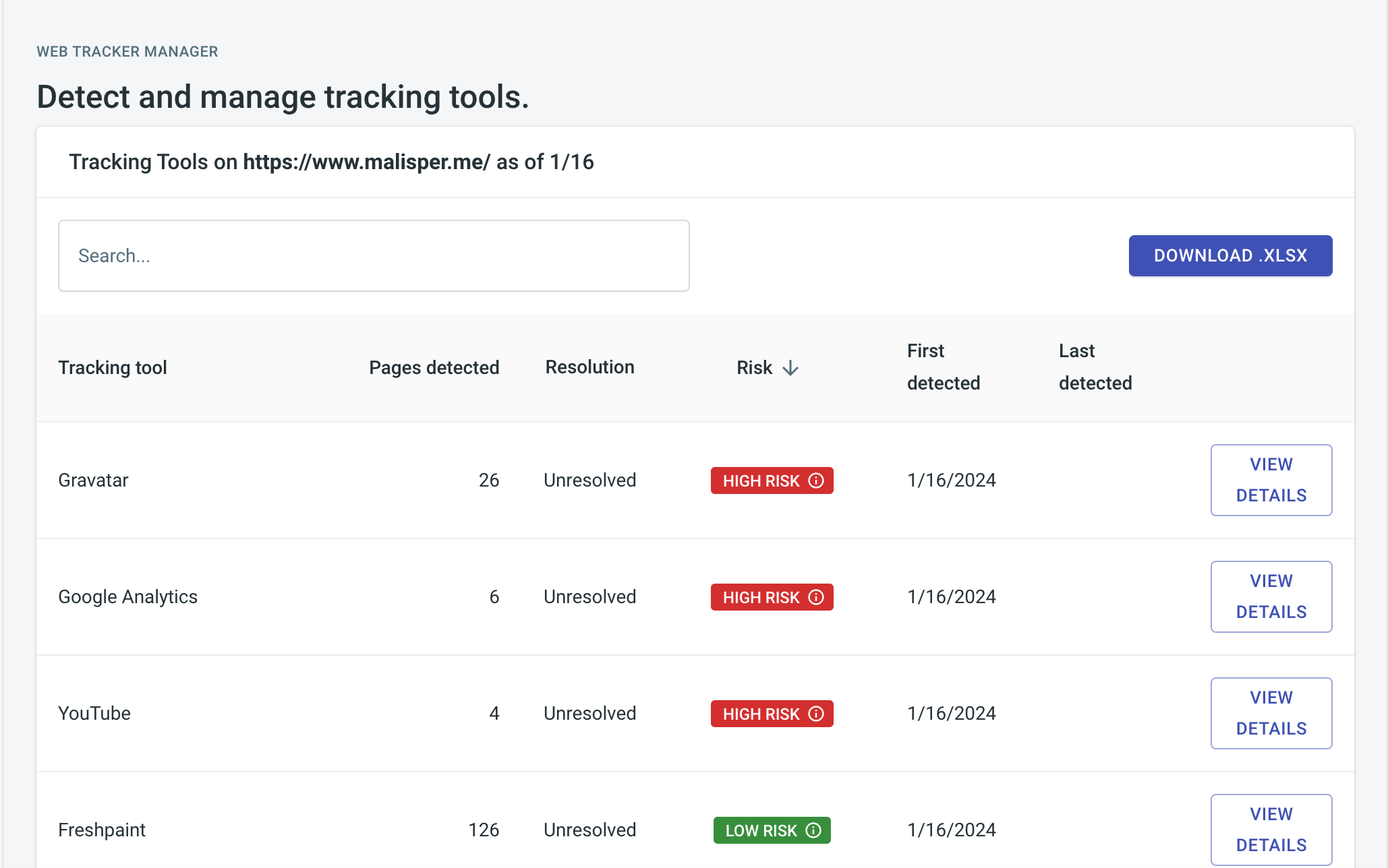 Web tracker manager dashboard showing web trackers and risk levels