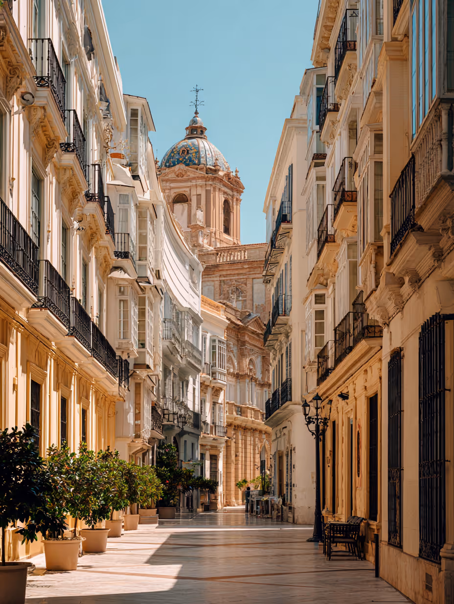 Narrow European street lined with buildings featuring balconies and potted plants, leading to a historic church with a blue-tiled dome under a clear sky.