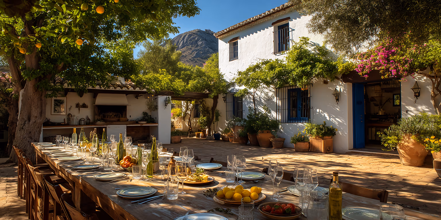 Lang houten buitentafel onder een citroenboom, gedekt met glazen, borden, wijnflessen en schalen met vers fruit, naast een wit huis met blauwe deuren en planten.