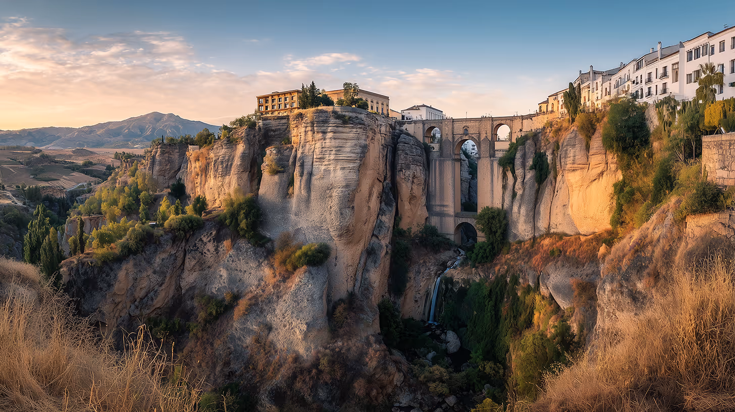 Brug over diepe kloof met rotspartijen en gebouwen bovenop tijdens zonsondergang.