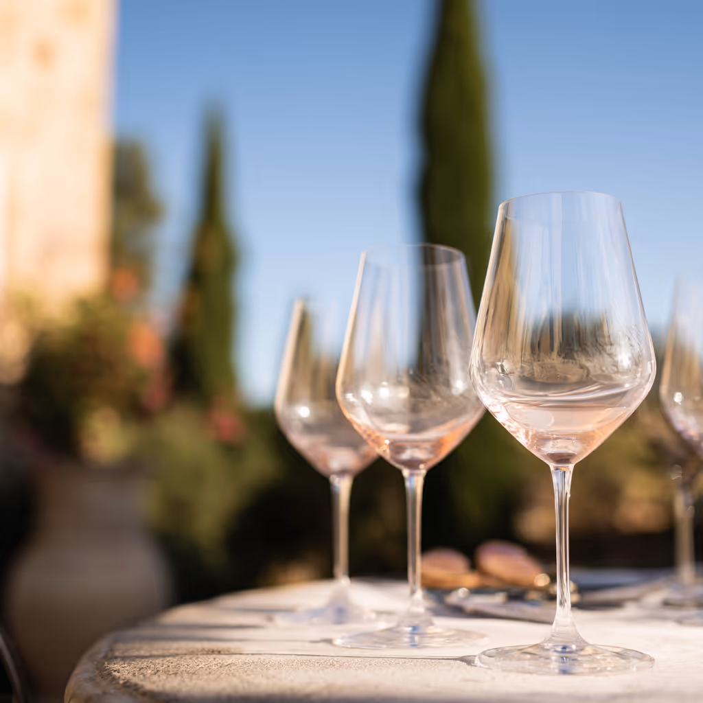 Wijn glazen met een lichte rosékleur op een buiten tafel in zachte zonlicht, met vage bomen en bloemen op de achtergrond.