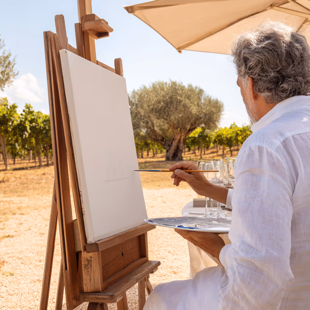 Een man schildert op een leeg schildersdoek buiten bij een wijngaard onder een parasol.