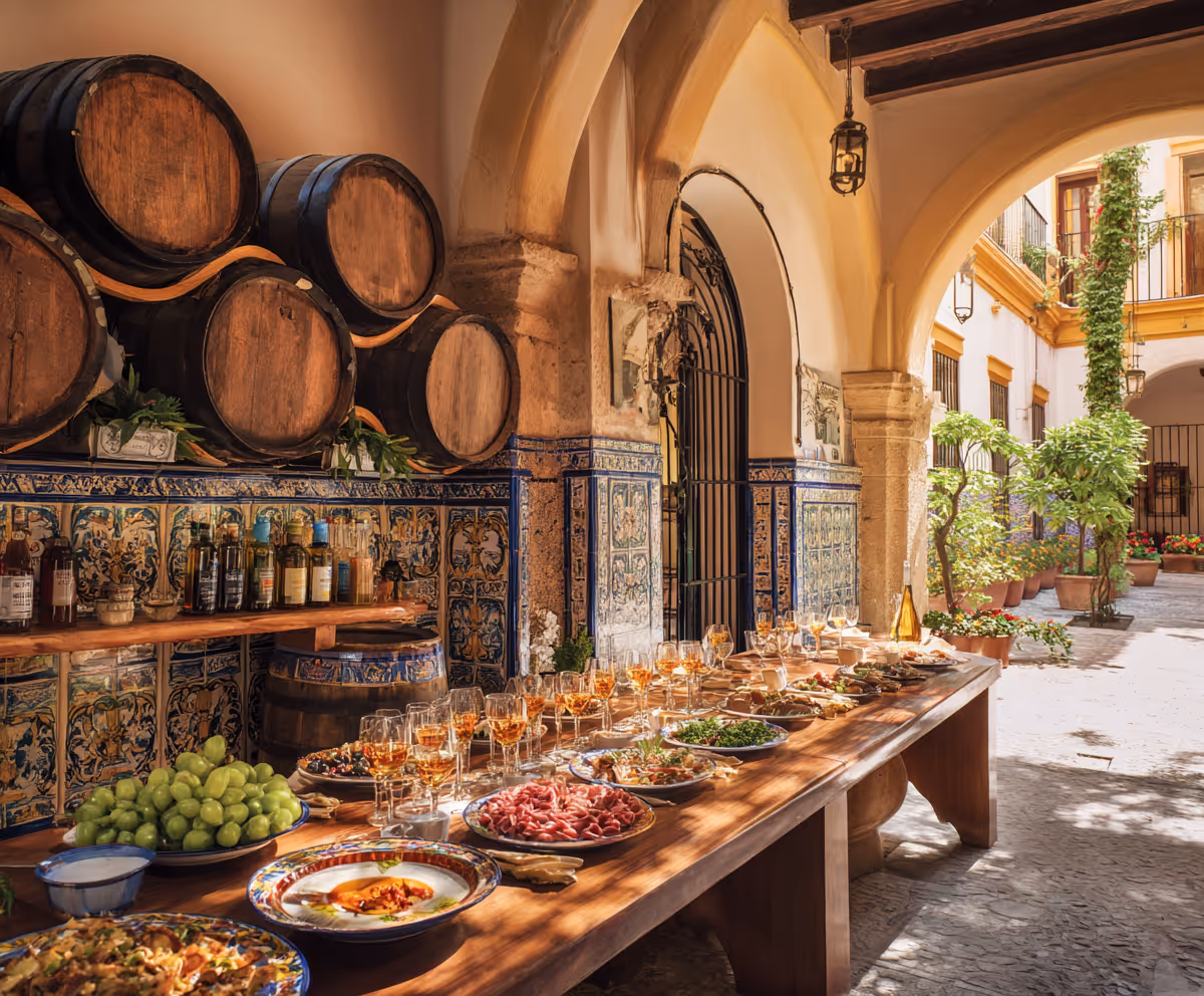 Gezellige binnenplaats met een lange houten tafel vol glazen wijn en diverse hapjes, omringd door houten wijnvaten en planten.