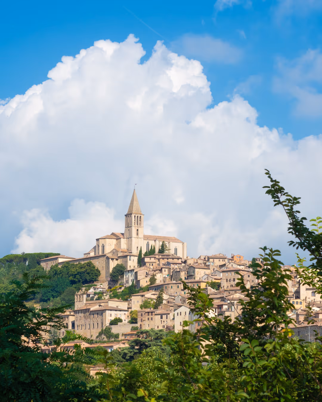 Historisch stadje op een heuvel met een kerk met hoge toren, omgeven door groen en onder een blauwe lucht met grote witte wolken.