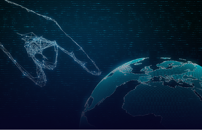 Digital wireframe hand reaching toward a glowing dotted representation of Earth on a dark background.