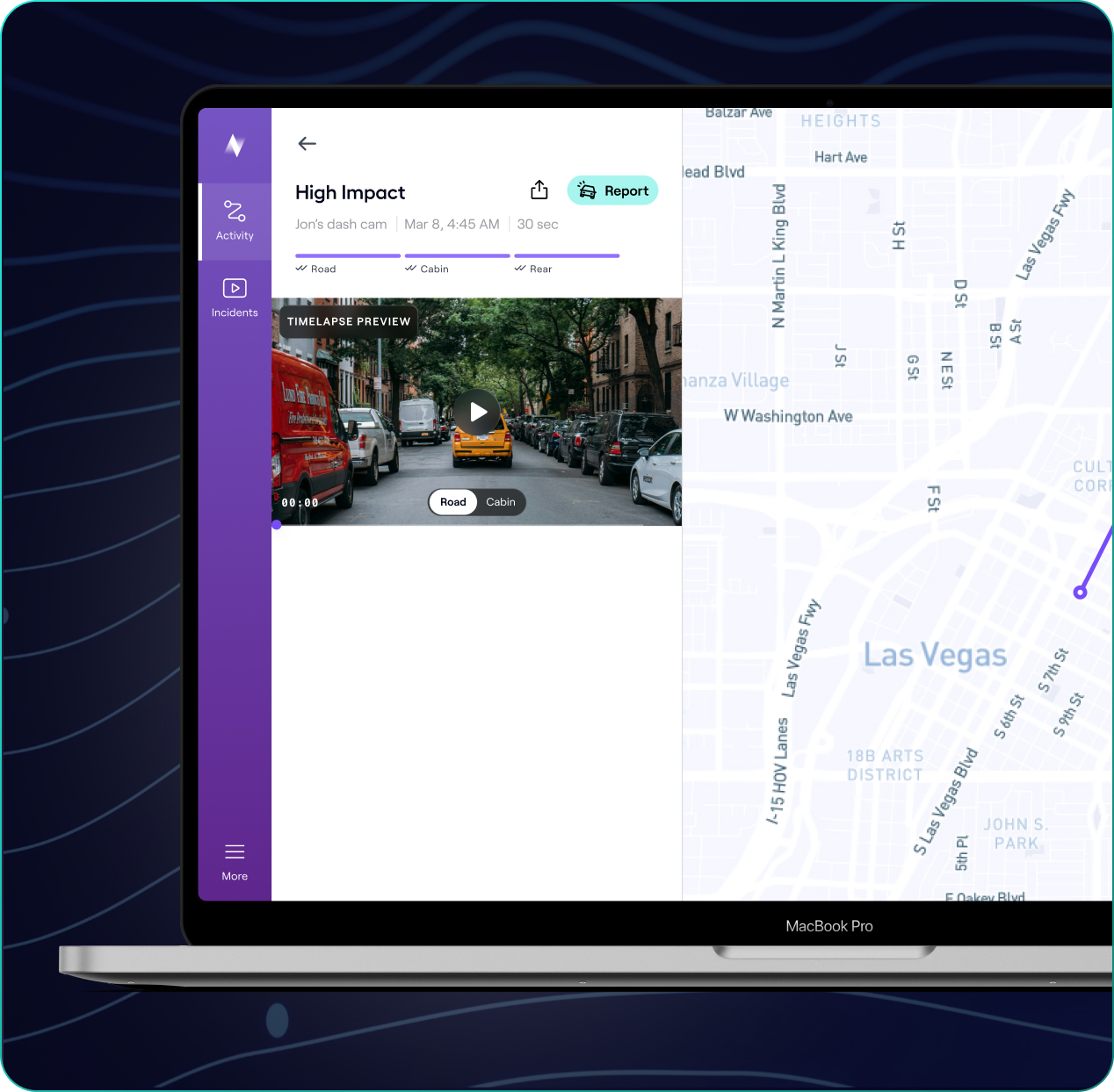 Laptop screen showing a geofence alert that George entered the geofence, with an incidents list including collision, high impact, acceleration, hard brake, and cornering events, alongside a map of Las Vegas.