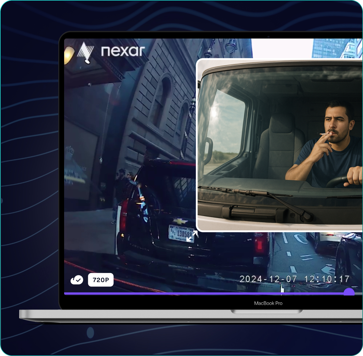 Laptop screen showing a fleet management dashboard with incident reports and a map, and a notification stating George entered your geofence.