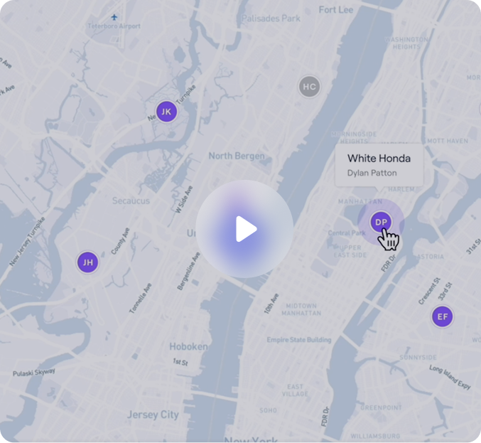 Map of New York City area showing location markers with initials, including a hovered marker labeled 'White Honda' with driver name Dylan Patton.