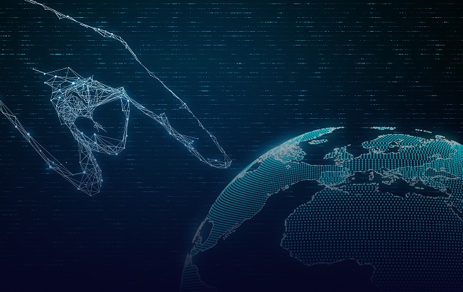 Digital wireframe hand reaching toward a glowing dotted representation of Earth on a dark background.