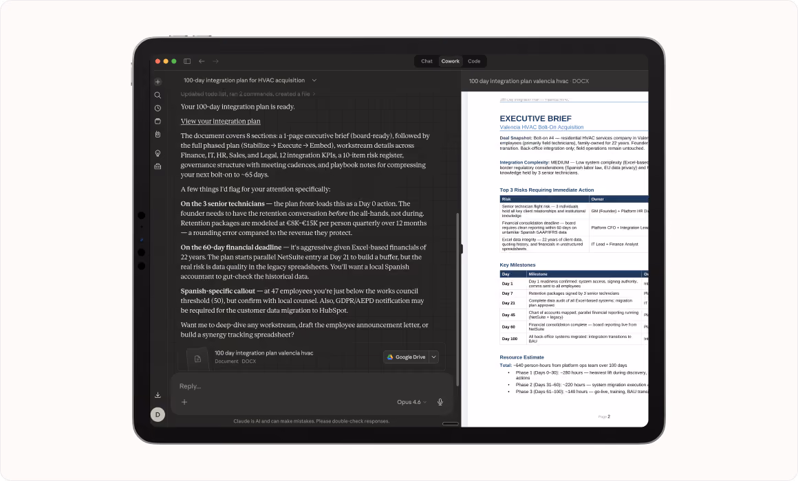 PMI Stack's AI generating a 100-day integration plan with an executive brief