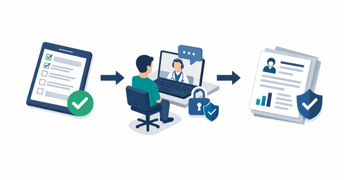 Illustration of a secure intake, clinician evaluation, and standardized report delivery process.