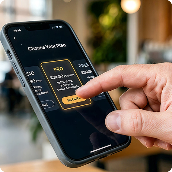 Hand selecting a $24.99 monthly Pro subscription plan on a smartphone screen.