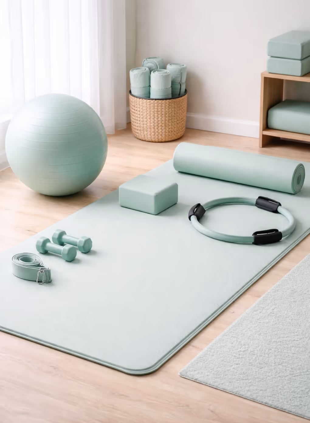 Light teal yoga mat with fitness equipment including dumbbells, Pilates ring, rolled mat, yoga block, and strap in a bright room with exercise ball and basket of rolled towels.
