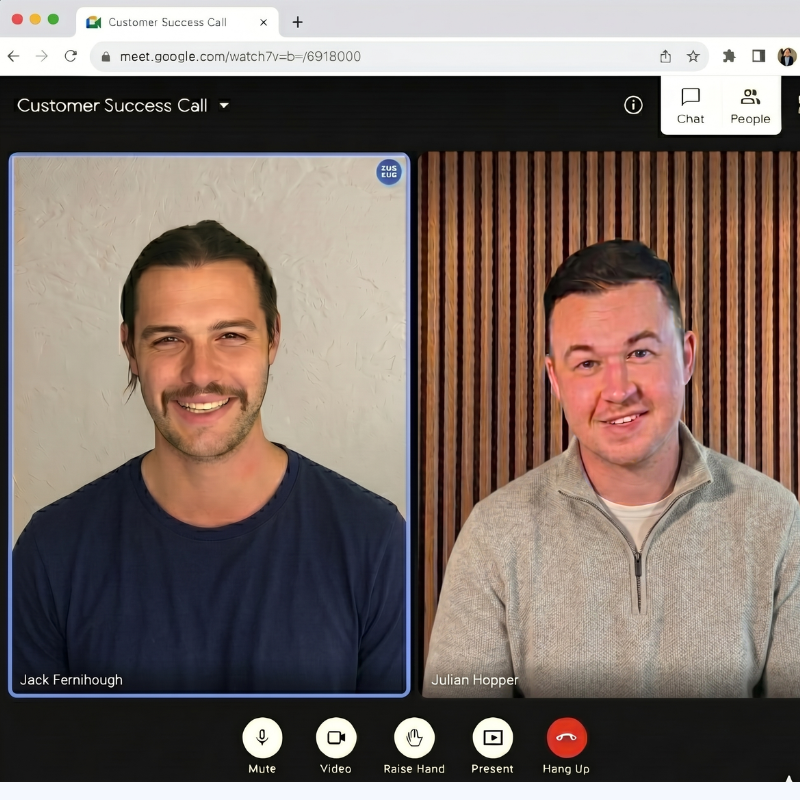 Two men smiling during a Google Meet video call titled 'Customer Success Call', with participant names Jack Fernihough and Julian Hopper visible.