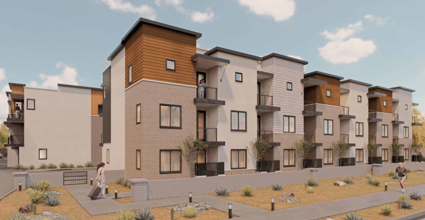 Modern three-story apartment buildings with balconies and people walking and standing outside.