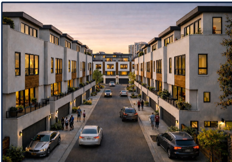 Modern townhouses with lit windows lining both sides of a street with parked cars and people walking.