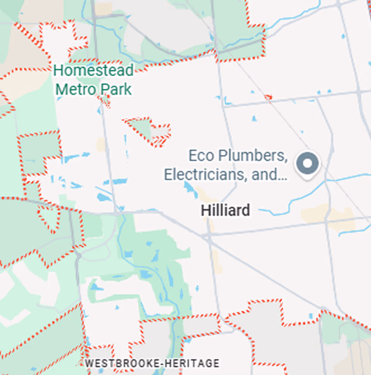Map showing Hilliard area with nearby Homestead Metro Park and Westbrooke-Heritage boundaries.