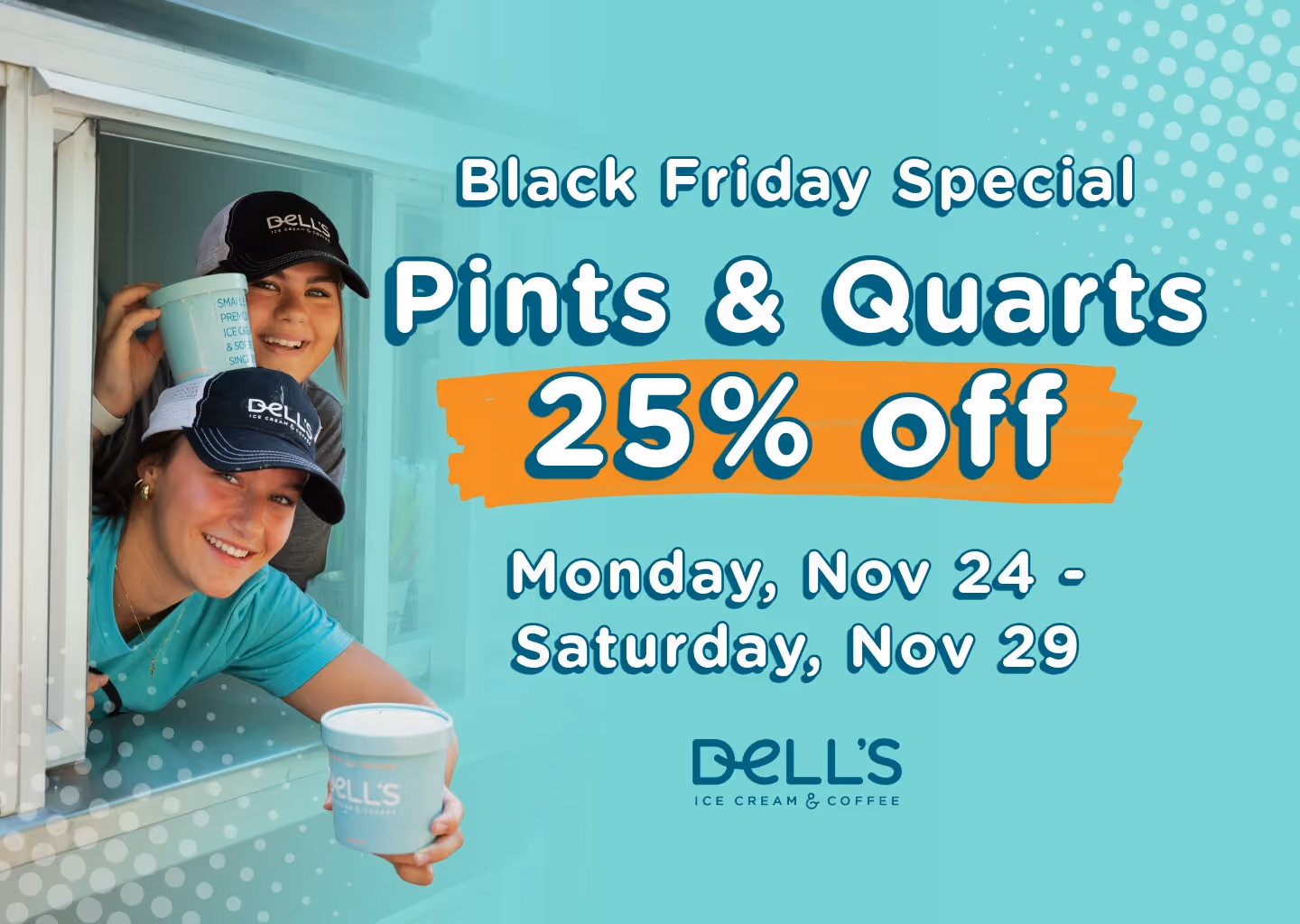 Two smiling employees in blue Dell's Ice Cream & Coffee caps serving ice cream pints and quarts.