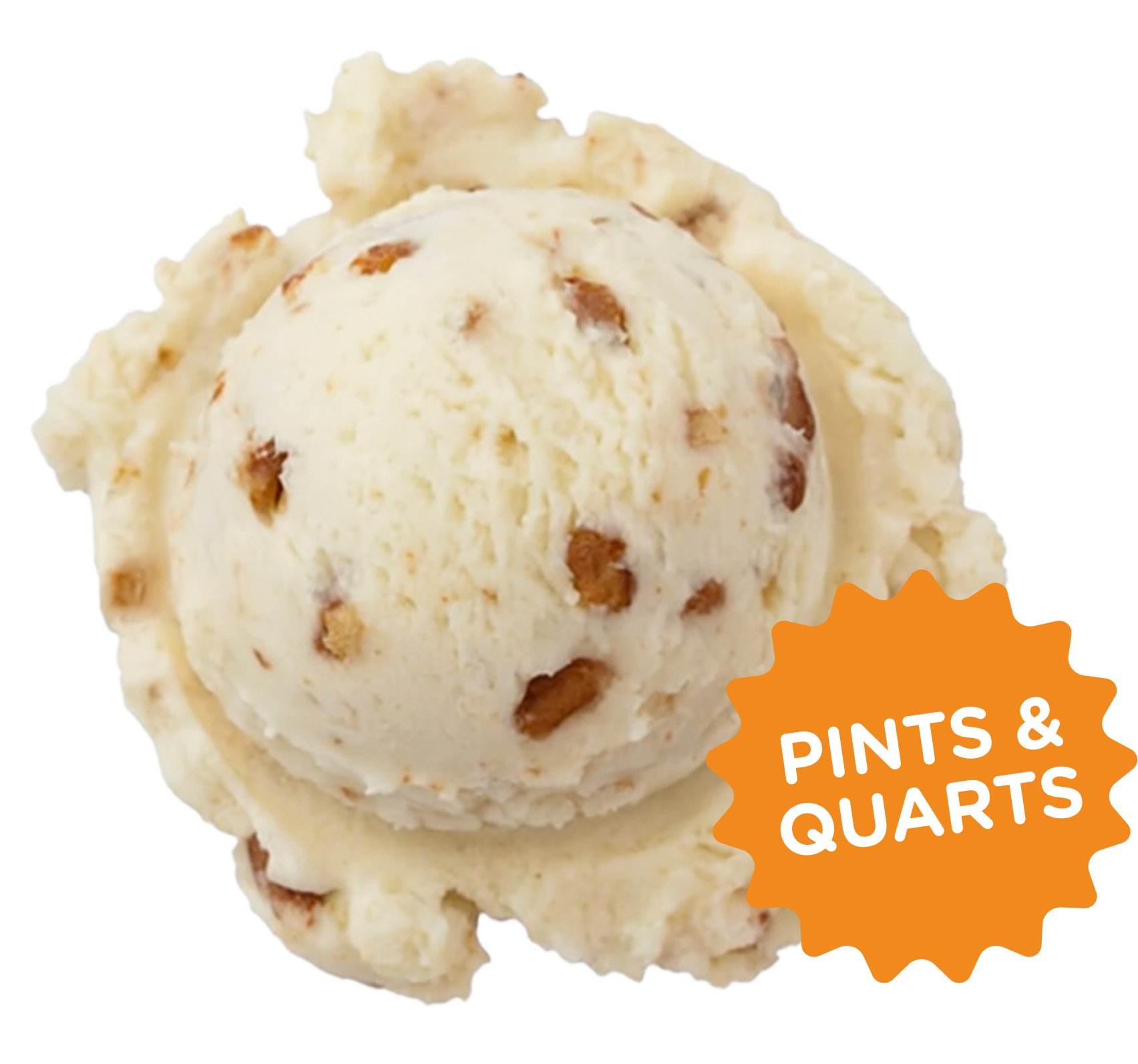 Scoop of vanilla ice cream with pecans and an orange label reading Pints & Quarts.