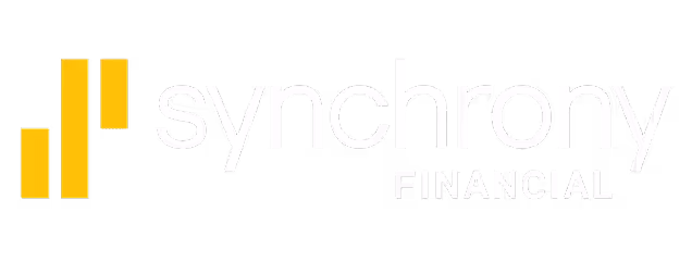 Synchrony Financial logo with yellow bar chart symbol and white text on black background.