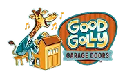 Good Golly Garage Doors logo featuring a friendly giraffe holding a garage door opener remote.