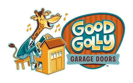 Cartoon giraffe playing a piano beside a sign that reads Good Golly Garage Doors.