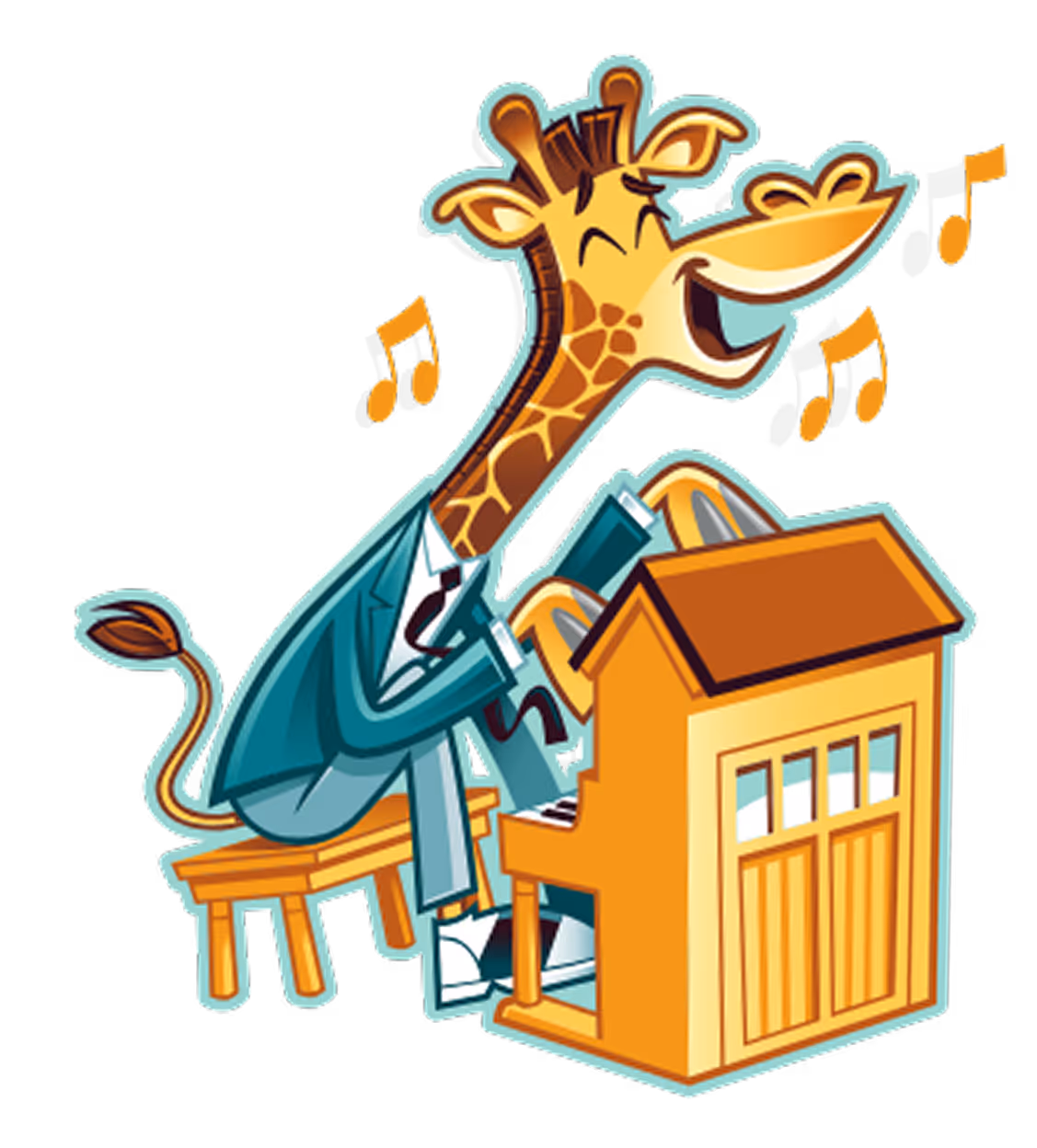 Cartoon giraffe in a suit playing a piano and singing with musical notes around.