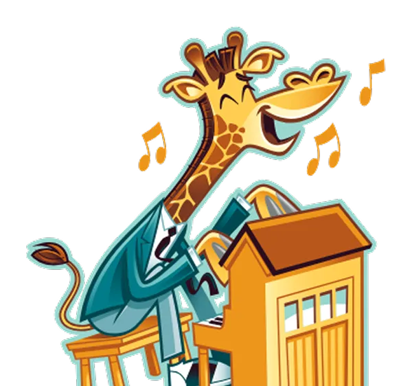 Cartoon giraffe in a suit happily playing a yellow grand piano with musical notes around.