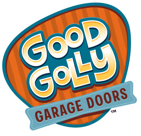 Logo for Good Golly Garage Doors with stylized text inside a rounded triangular shape and a banner underneath.