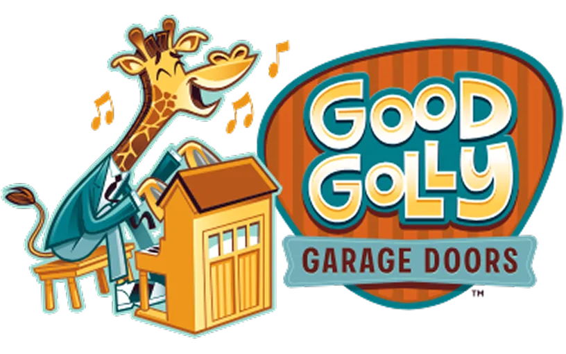 Cartoon giraffe in a suit playing piano with musical notes beside logo reading 'Good Golly Garage Doors'.