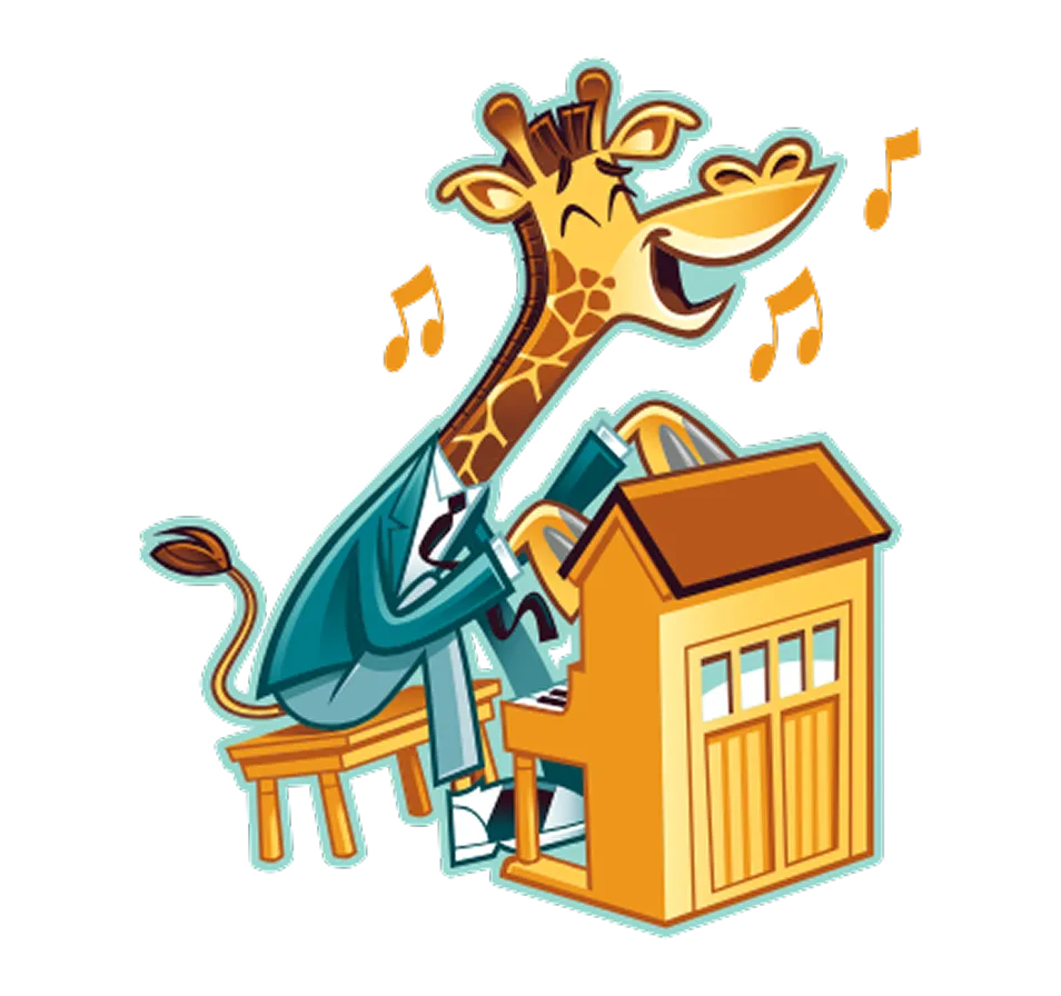 Cartoon giraffe wearing a blue suit playing a yellow upright piano and singing with musical notes around.