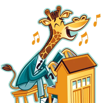 Cartoon giraffe in a suit singing and playing a piano with musical notes around.