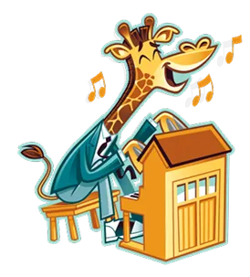 Cartoon giraffe in a suit playing a piano and happily singing with musical notes around.