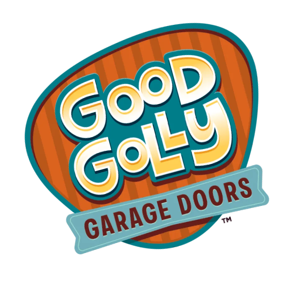 Good Golly Garage Doors logo with retro-styled lettering on an orange striped background.