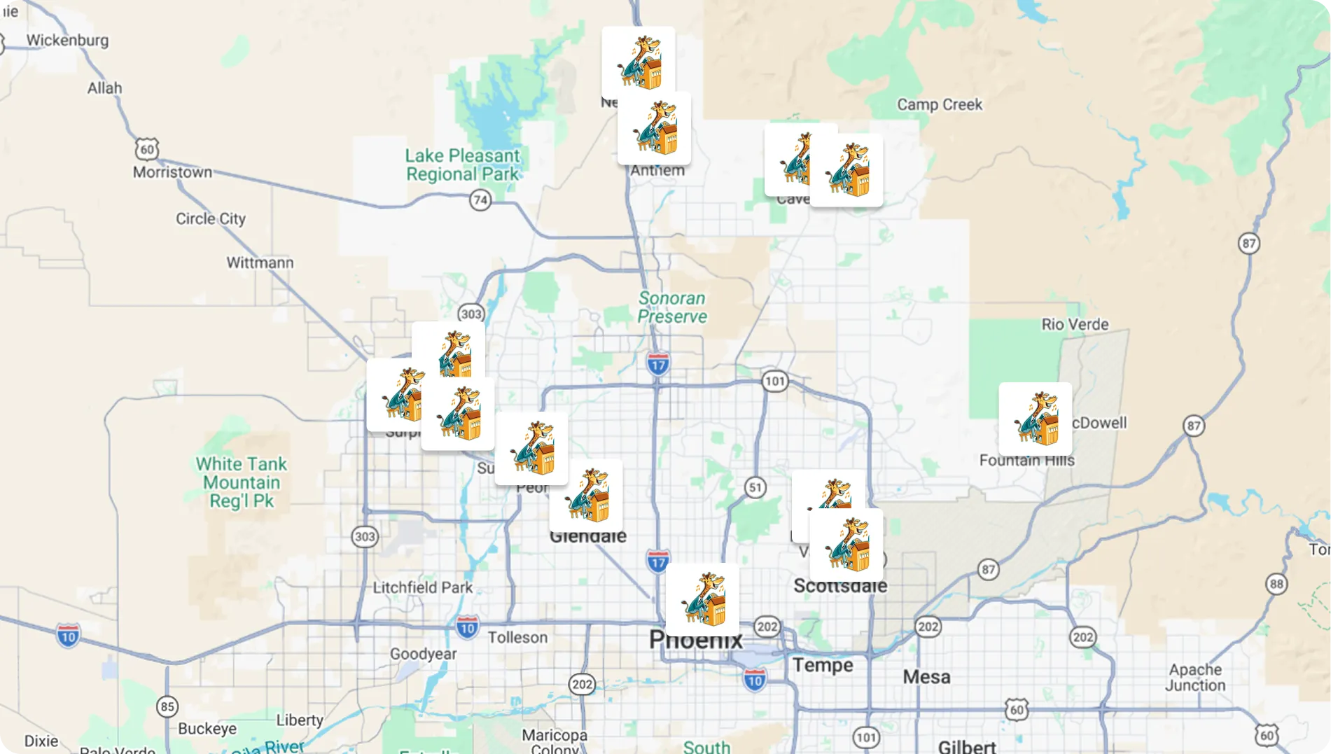 Map showing Mohawk Park and surrounding areas in Phoenix near E Mohawk Ln, with nearby landmarks including Pinnacle Park Soccer fields, Coyote Basin Park, and Phoenix Fire Department Station 45.