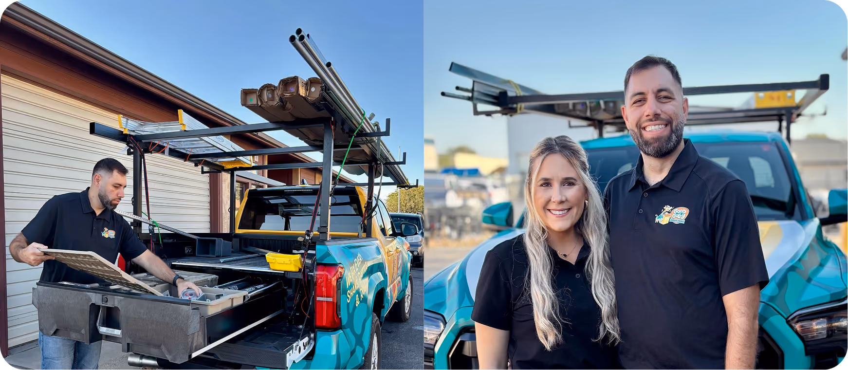 Two images side by side: On the left, a man in a black polo with a Good Golly Garage Doors Boise, ID logo organizes tools and materials in the back of a blue and yellow work truck equipped with metal pipes and boxes. On the right, the same man smiles standing beside a woman with long blonde hair wearing a matching black polo, both in front of the same branded truck outdoors.