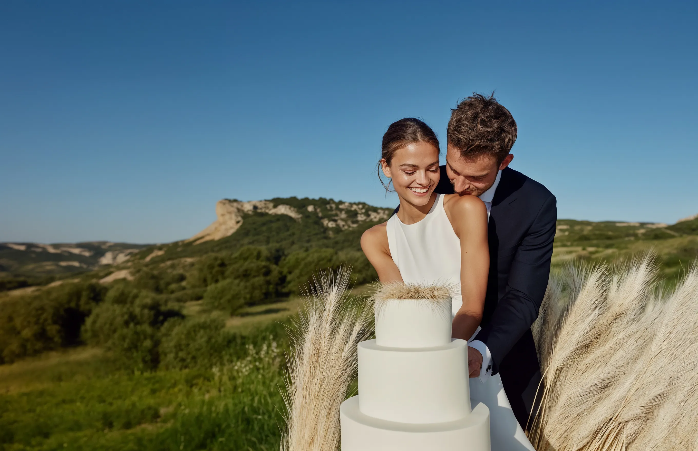 A bride and groom cutting their wedding cake.