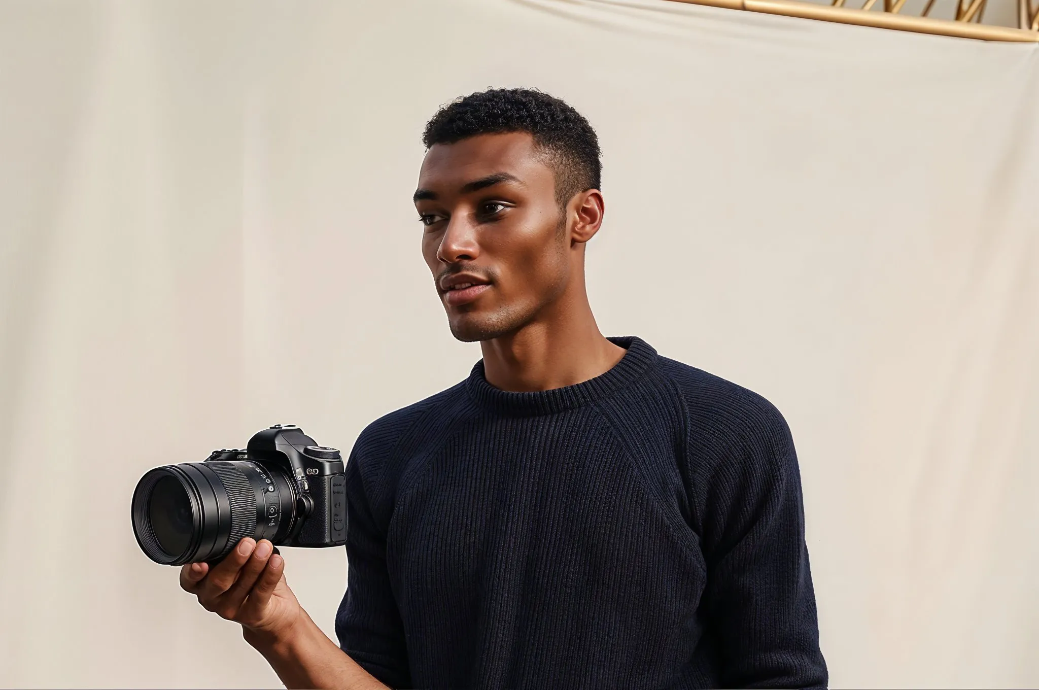 A man holding a camera in front of a white backdrop.